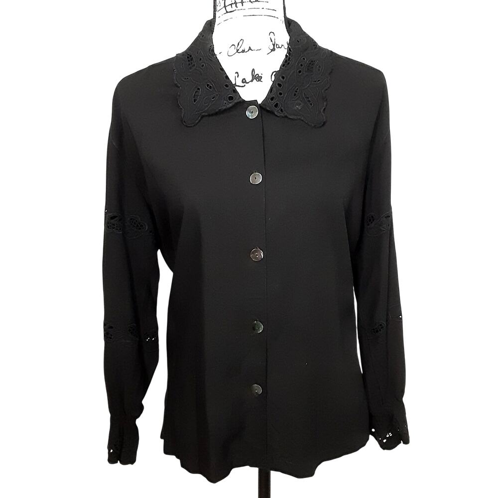 Vintage 80s Black Button Down Shirt Lace Collared Womens S Whimsy Goth Vampire